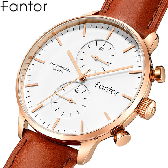 Fantor Men's Watches Luxury Brand Quartz Wristwatch 2019 Chronograph Leather Strap Watch Man