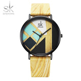 Shengke Women Watch Wood Strap Wristwatches Leather Band Female Clock Lady Quartz Watch