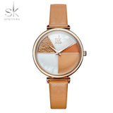 Shengke Watch Women Shell Dial leather Ladies Watch