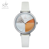 Shengke Watch Women Shell Dial leather Ladies Watch